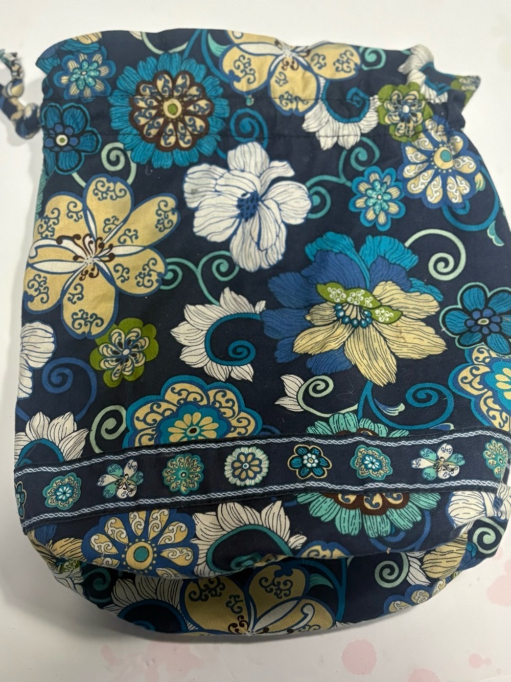 Vera Bradley drawstring ditty bag featuring a blue floral pattern